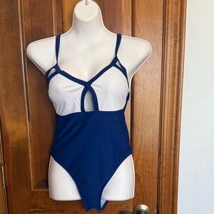 Elegant Blue and White One-Piece Swimsuit